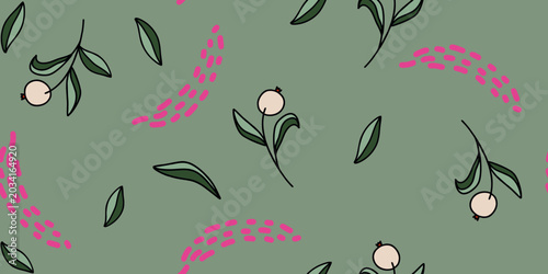 Seamless Pattern with Berries and Leaves on Green Background