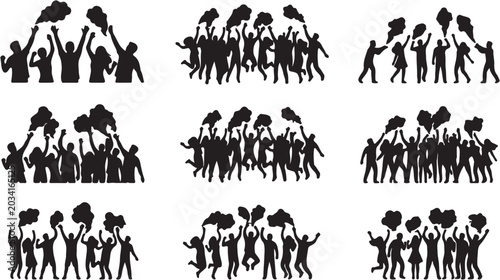 Schilderij op canvas Cheerleaders in various poses silhouette crowd.