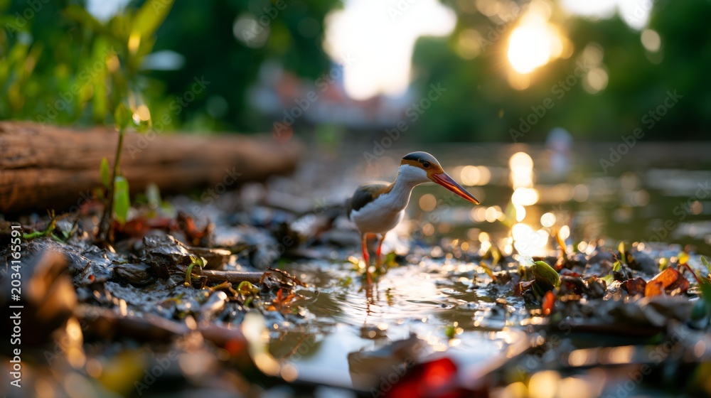 Naklejka premium Elegant crane bird walking through muddy mangrove shoreline at sunset with shimmering water and foliage backdrop