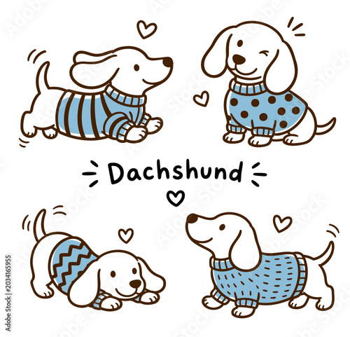 Dachshund in sweaters doodle outline set vector illustration