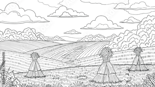 Vászonkép Rural countryside landscape with harvested wheat haystacks in rolling fields under cloudy sky hand drawn outline sketch of farm land for coloring activities