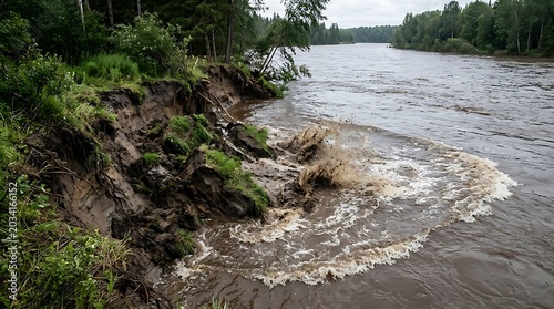 Eroding riverbank with turbulent water flow