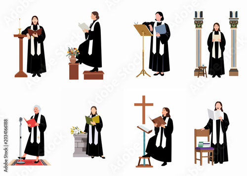 Canvas-taulu Flat vector illustrations of female pastors and ministers in liturgical robes performing various religious duties such as preaching, reading, and leading worship