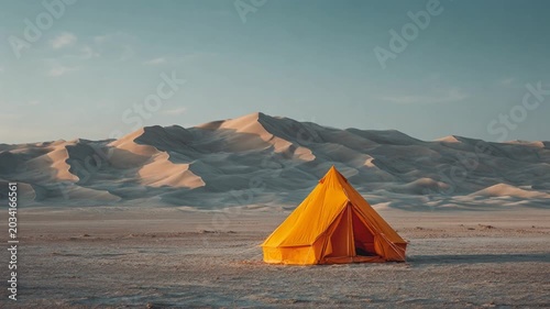 Solitary yellow tent standing in a vast desert with sand dunes in the background at sunset