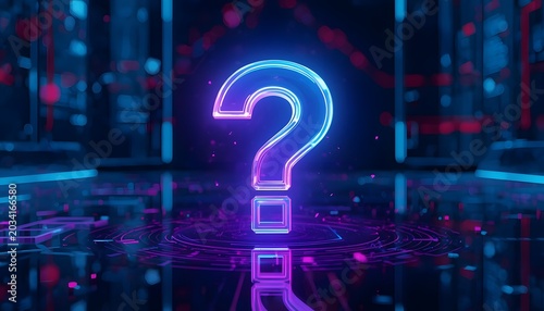 Glowing neon question mark icon in futuristic dark background