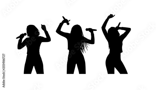 Black female singer silhouettes performing with microphones, hands raised in various expressive poses, a flat vector, isolated on white background
