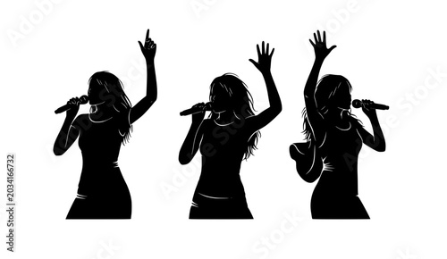 Black female singer silhouettes performing with microphones, hands raised in various expressive poses, a flat vector, isolated on white background
