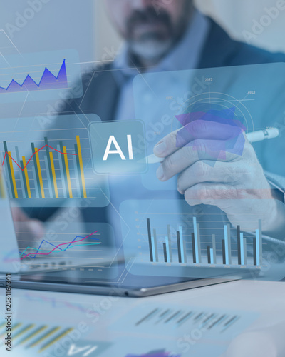 A professional uses a stylus on a tablet to manage a futuristic AI financial dashboard HUD. This visualizes business intelligence, big data analytics, and smart corporate digital transformation.