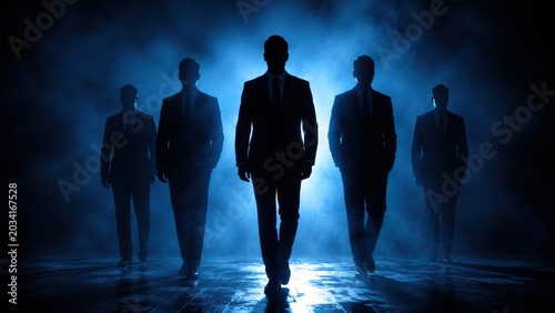 Mysterious silhouette of men in suits walking through fog with dramatic lighting effects