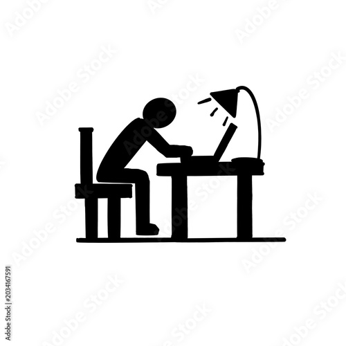 Hand-drawn illustration of a person working at a desk while typing on a computer, modern remote work concept