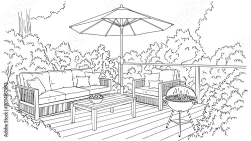 Foto Outdoor patio furniture with grill and umbrella, perfect for summer barbecue party, relaxing deck lounge area with seating and plants