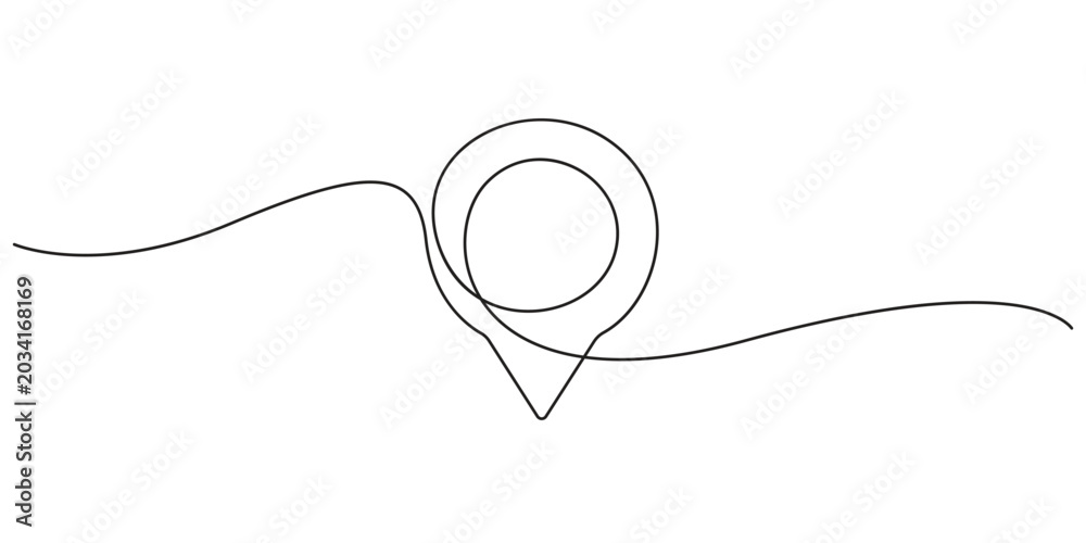 Obraz premium Map pin continuous line drawing for navigation technology and travel branding logo. Minimalist vector illustration of a map pin location pointer icon in a single line art style