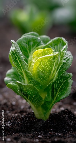 Close-Up Of Romaine Lettuce Growing In Soil Fresh Green Agriculture Cultivation Vegetable Garden Healthy Nutrition Plant Crop Raw Ingredient Outdoor