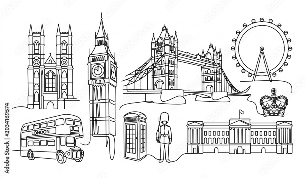 Obraz premium Minimal London Travel Landmark Continuous Line Art Illustration Collection