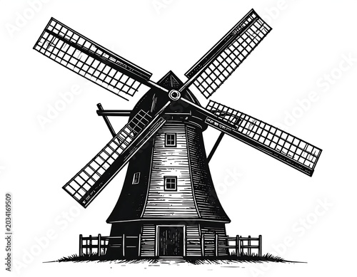 Vintage Wooden Windmill Standing on Open Ground in Monochrome Engraving Style
