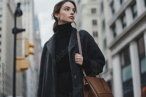 Urban Elegance Woman in Charcoal Coat Amidst Cityscape Chic Fashion Female Walks Downtown Serene Expression Winter Outfit City Life Modern Sophistication Brown Leather Bag