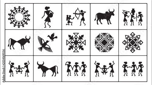 Foto Traditional Warli tribal art collection featuring stick figures, animals, and geometric patterns from Indian folk culture