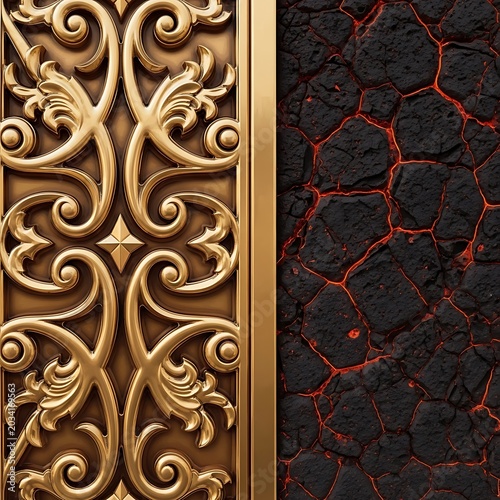 Intricate Gold Ornamental Design and Cracked Lava Surface.