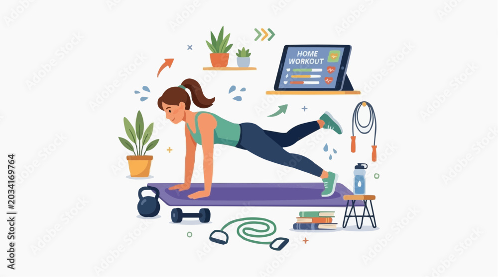 Obraz premium Woman exercising at home following online workout on tablet, surrounded