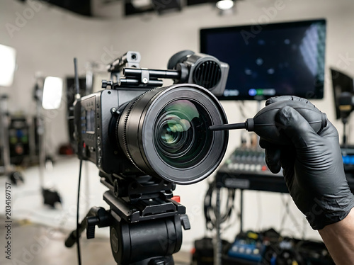 Professional camera being adjusted in a bright studio setting.