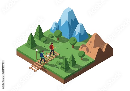 Isometric Mountain Landscape with Hiking Trail and Forest.
