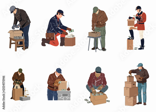 Schilderij op canvas Vintage-style illustrations of men in leather jackets and caps handling money, coins, and envelopes in various clandestine and work-related scenarios