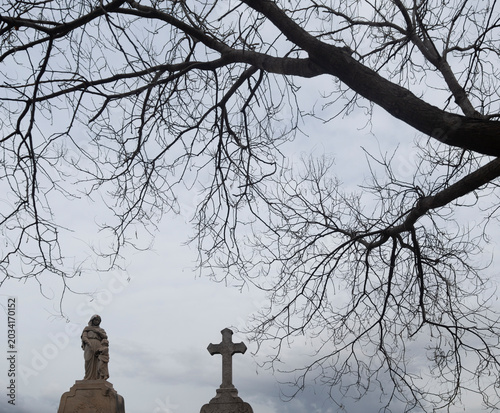 Religious cemetery statue, stone cross and bare branches in Marseille