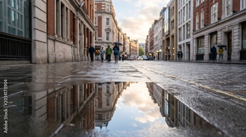 Quiet City Street After Rain on Fresh Morning
