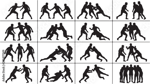 Obraz na plátně Dynamic silhouettes depicting various wrestling and grappling poses showcasing human strength combat and athletic competition