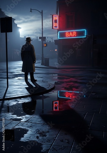 Lonely Person Standing Under Neon Bar Sign at Night.