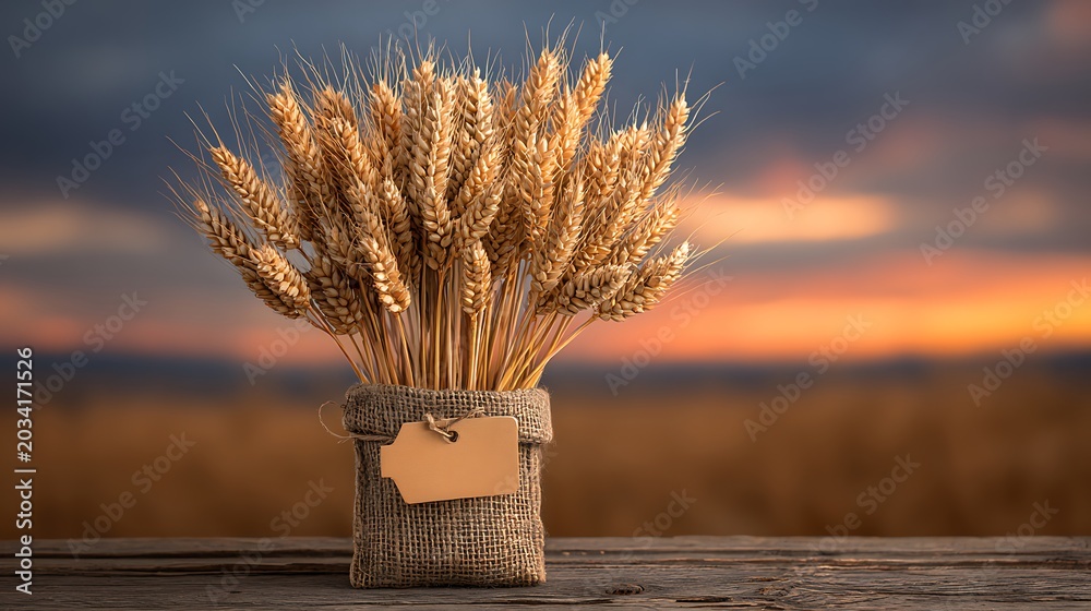 Obraz premium Organic Wheat Grains in Burlap Bag at Sunset