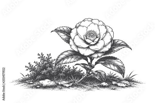Camellia flower engraving vector illustration with detailed botanical line art garden scenery for vintage floral graphic resources