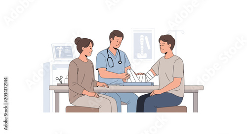 Doctor Bandaging Patient's Arm with Woman Present