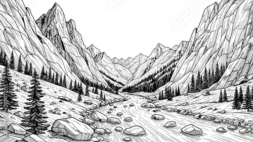Billede på lærred Deep mountain valley with winding river through rocky terrain pine trees and craggy cliffs in dramatic landscape black and white line art vector drawing