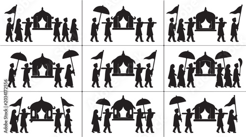 Quadro su tela Silhouettes depicting a traditional Indian wedding procession with palanquin bearers and umbrellas
