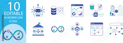 10 Editable AI Workflow Icons – Modern SaaS Technology Outline Vector Set