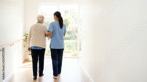 Senior care with nurse assisting elderly woman walking towards garden light. Senior care includes gentle support through hallway while providing companionship and comfort.