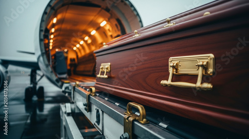 Coffin on airplane cargo loading ramp for international transport deceased remains air freight service air cargo logistics and funeral home service funeral transport.