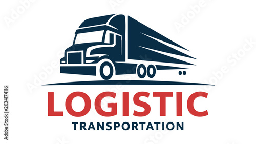 Truck Semi-Trailer and Cab with the Word 'Logistic' in Large Red Letters and 'Transportation' Below It