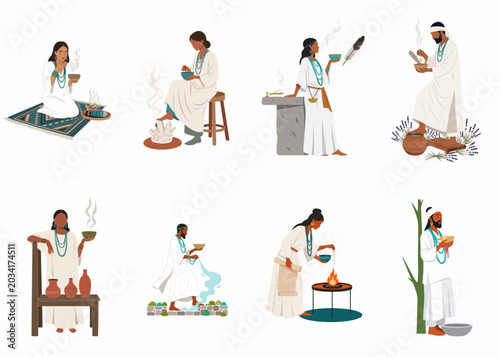 A diverse set of people performing various sacred spiritual rituals, including smudging and incense burning, in a modern flat vector illustration style.