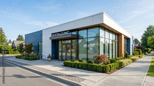 Modern dental clinic building exterior with large glass windows and clean landscaping on sunny day.