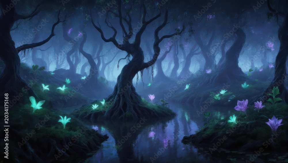 Fototapeta premium Enchanted Forest at Night with Glowing Flora and Dark Trees.