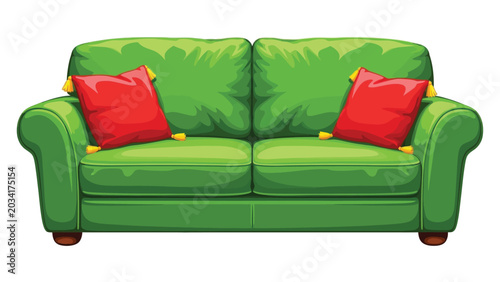 Schilderij op canvas Vibrant green sofa with red pillows featuring decorative tassels isolated on white background creating comfortable seating arrangement for modern home decor