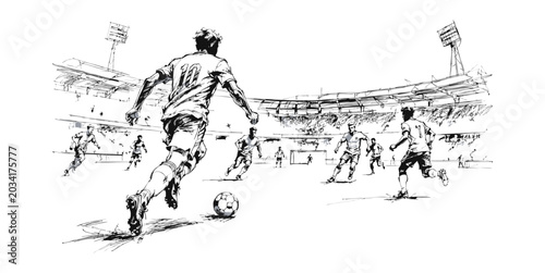 Foto Dynamic Soccer Player Number 10 Dribbling Ball in Stadium - Action Football Match Ink Sketch Illustration