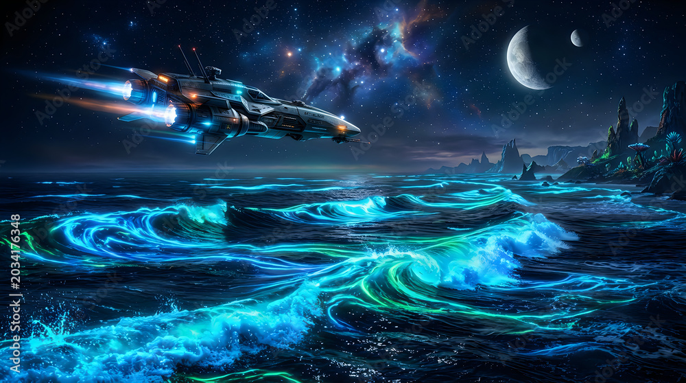 Fototapeta premium Spacecraft flying over glowing ocean at night