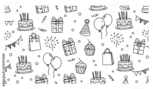 Canvas Print Black and white birthday party seamless vector pattern with cupcakes, cakes, and