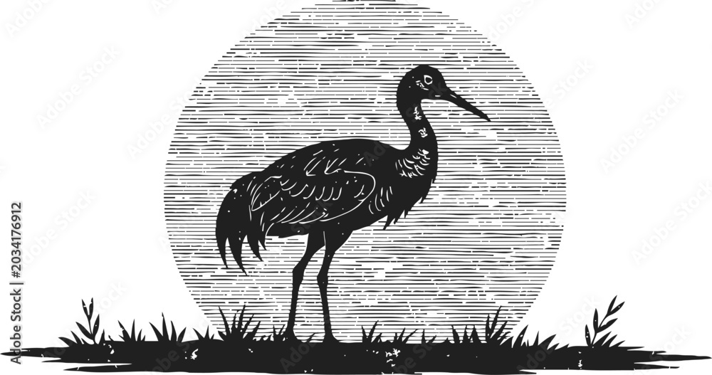 Fototapeta premium crane bird silhouette with sunset background nature wildlife scene engraving illustration