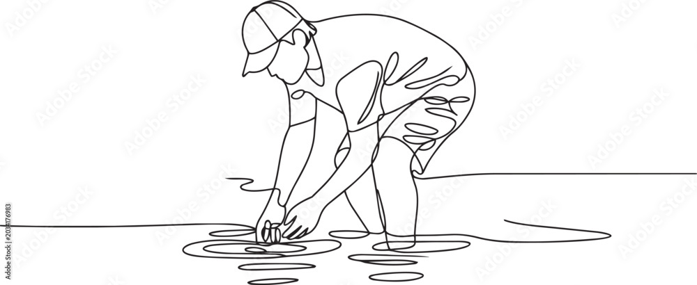 Fototapeta premium Continuous line drawing of a person bending down to touch water