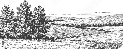 black and white engraving of rural fields with trees and rolling hills landscape