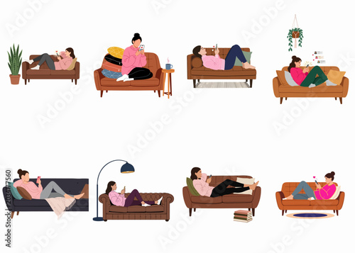 Tableau sur toile Set of diverse illustrations featuring young women relaxing on various sofas and couches while using their smartphones for social media and browsing